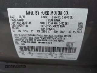 2021 Ford Explorer XLT with VIN 1FMSK8DH1MGB57403, listed as a IAAI auction lot 41934932 with 33,649 mi miles. Bid and sale history available at carsss.com. Image 9.
