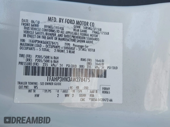 2010 Ford Focus SEL with VIN 1FAHP3HN3AW278475, listed as a IAAI auction lot 41637113 with 0 mi miles. Bid and sale history available at carsss.com. Image 9.
