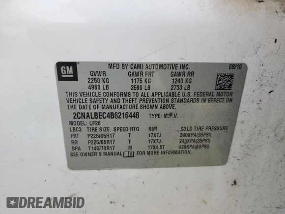 2011 Chevrolet Equinox LS with VIN 2CNALBEC4B6216448, listed as a Copart auction lot 54726755 with 185,178 mi miles and Clean Title. Bid and sale history available at DreamBid. Image 13.