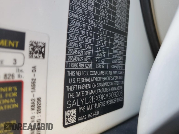 2019 Land Rover Range Rover Velar R-Dynamic SE z VIN SALYL2EX9KA209206, wystawiony jako Copart lot #76609604 z przebiegiem 59 047 mil mil oraz Szkoda całkowita • Salvage title. Historia ofert i sprzedaży dostępna na DreamBid. Obrazek 14.