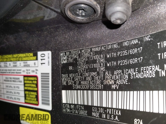 2015 Toyota Sienna LE AAS with VIN 5TDKK3DC6FS652281, listed as a IAAI auction lot 41891750 with 150,162 mi miles. Bid and sale history available at carsss.com. Image 9.
