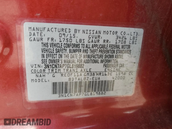 2016 Nissan Versa S with VIN 3N1CN7AP7GL819882, listed as a Copart auction lot 57259745 with Not provided miles and Salvage title. Bid and sale history available at DreamBid. Image 13.