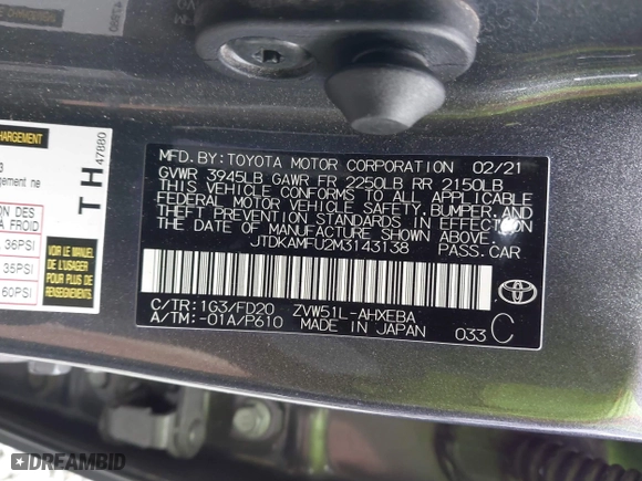 2021 Toyota Prius L Eco with VIN JTDKAMFU2M3143138, listed as a IAAI auction lot 41658263 with 102,718 mi miles. Bid and sale history available at carsss.com. Image 9.