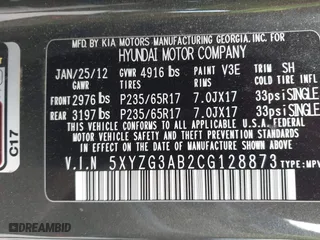2012 Hyundai Santa Fe GLS with VIN 5XYZG3AB2CG128873, listed as a IAAI auction lot 41874808 with 182,453 mi miles. Bid and sale history available at carsss.com. Image 9.