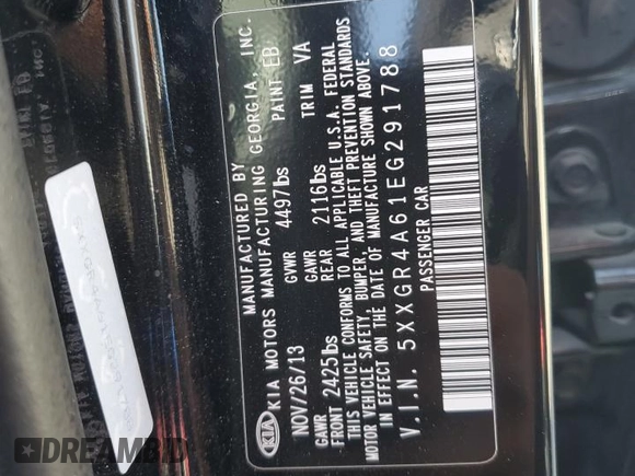 2014 Kia Optima SXL Turbo with VIN 5XXGR4A61EG291788, listed as a Copart auction lot 57688525 with 166,836 mi miles and Salvage title. Bid and sale history available at DreamBid. Image 13.