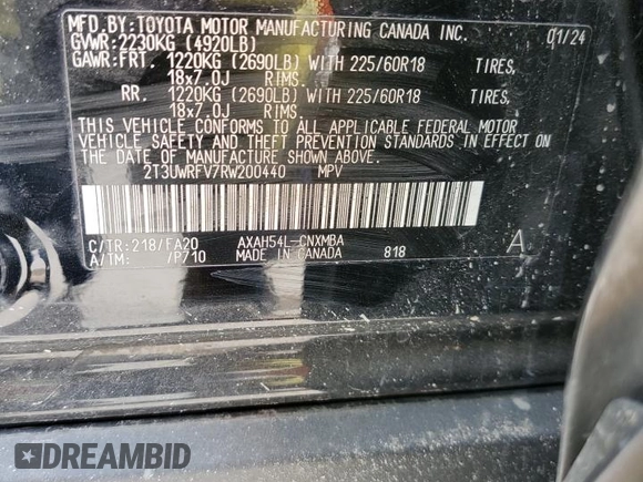 2024 Toyota RAV4 Hybrid LE with VIN 2T3UWRFV7RW200440, listed as a Copart auction lot 55034115 with 56,754 mi miles and Salvage title. Bid and sale history available at DreamBid. Image 15.