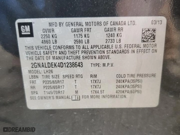 2013 Chevrolet Equinox LT with VIN 2GNALDEK4D1238643, listed as a Copart auction lot 48904585 with 110,719 mi miles and Salvage Title. Bid and sale history available at carsss.com. Image 13.