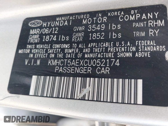 2012 Hyundai Accent GS with VIN KMHCT5AEXCU052174, listed as a IAAI auction lot 42448720 with 278,451 mi miles and . Bid and sale history available at DreamBid. Image 9.