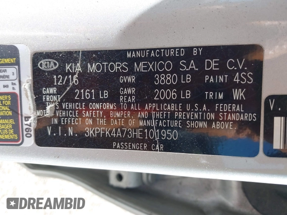 2017 Kia Forte LX with VIN 3KPFK4A73HE101950, listed as a IAAI auction lot 42023151 with 233,718 mi miles. Bid and sale history available at carsss.com. Image 9.