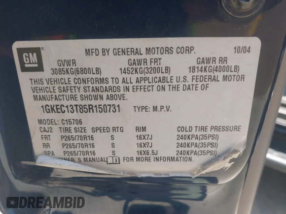 2005 GMC Yukon SLE z VIN 1GKEC13T85R150731, wystawiony jako IAAI lot #42385199 z przebiegiem 199 527 mil mil oraz . Historia ofert i sprzedaży dostępna na DreamBid. Obrazek 9.