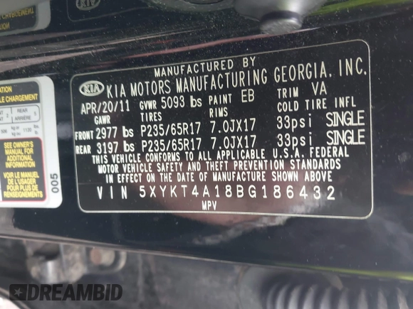 2011 Kia Sorento LX with VIN 5XYKT4A18BG186432, listed as a IAAI auction lot 42065088 with 202,122 mi miles. Bid and sale history available at carsss.com. Image 9.