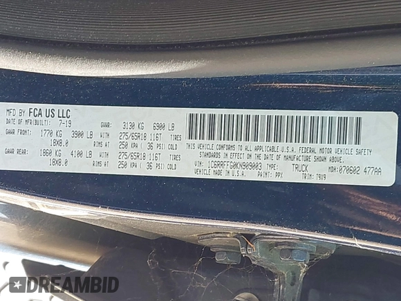 2019 Ram 1500 Big Horn z VIN 1C6RRFFG0KN909003, wystawiony jako IAAI lot #39513660 z przebiegiem 84 291 mil mil oraz . Historia ofert i sprzedaży dostępna na DreamBid. Obrazek 9.