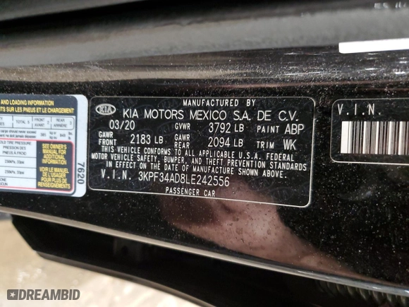 2020 Kia Forte GT-Line with VIN 3KPF34AD8LE242556, listed as a Copart auction lot 47356945 with 56,097 mi miles and Salvage Title. Bid and sale history available at carsss.com. Image 12.