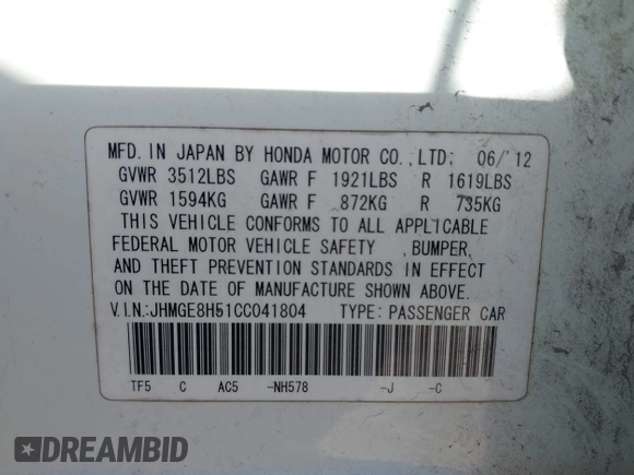 2012 Honda Fit Sport with VIN JHMGE8H51CC041804, listed as a IAAI auction lot 41772371 with 138,116 mi miles and . Bid and sale history available at DreamBid. Image 9.