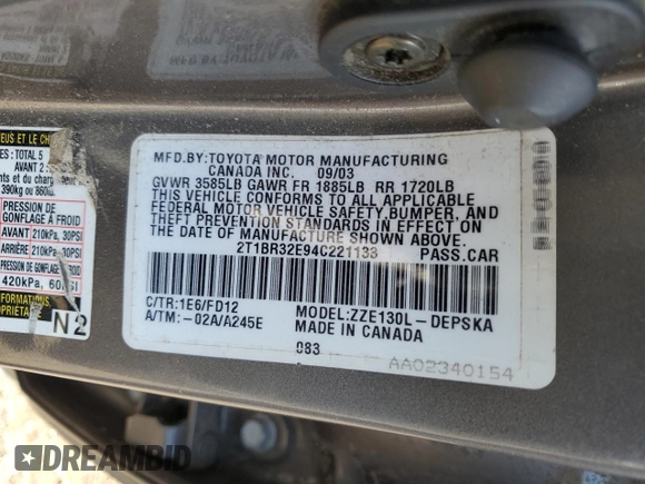 2004 Toyota Corolla CE with VIN 2T1BR32E94C221133, listed as a Copart auction lot 70274684 with 138,360 mi miles and Non Repairable. Bid and sale history available at DreamBid. Image 12.