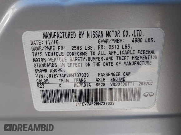 2017 Infiniti Q50 Premium with VIN JN1EV7AP2HM737039, listed as a IAAI auction lot 41637808 with 120,217 mi miles and . Bid and sale history available at DreamBid. Image 9.