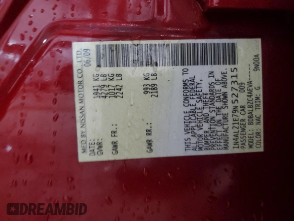 2009 Nissan Altima S with VIN 1N4AL21E79N527315, listed as a Copart auction lot 51567295 with Not Provided miles and Salvage Title. Bid and sale history available at DreamBid. Image 12.