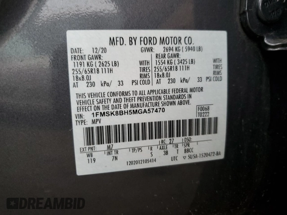 2021 Ford Explorer with VIN 1FMSK8BH5MGA57470, listed as a Copart auction lot 43072275 with 24,770 mi miles and Salvage title. Bid and sale history available at DreamBid. Image 13.