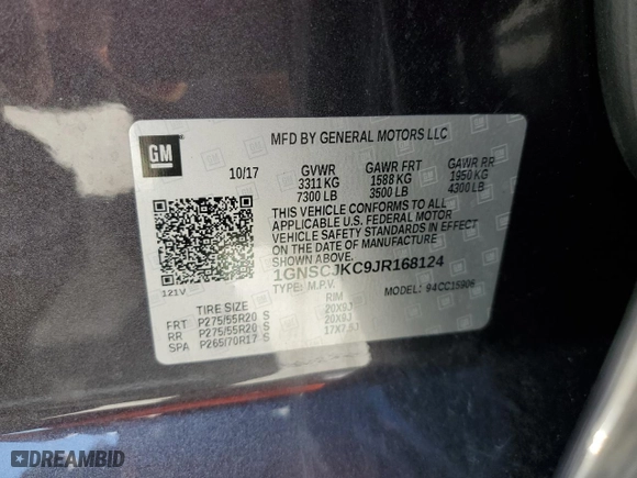 2018 Chevrolet Suburban Premier with VIN 1GNSCJKC9JR168124, listed as a Copart auction lot 69180224 with 119,776 mi miles and Non Repairable. Bid and sale history available at carsss.com. Image 15.