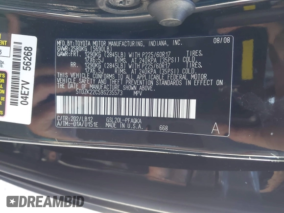 2009 Toyota Sienna XLE with VIN 5TDZK22C59S235573, listed as a IAAI auction lot 40885143 with 62,949 mi miles. Bid and sale history available at carsss.com. Image 9.