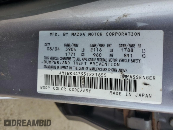 2005 Mazda 3 s with VIN JM1BK343951221655, listed as a Copart auction lot 54389825 with 95,052 mi miles and Salvage Title. Bid and sale history available at DreamBid. Image 12.