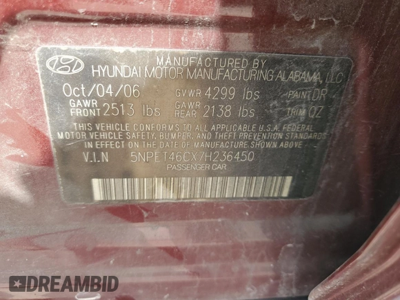 2007 Hyundai Sonata GLS with VIN 5NPET46CX7H236450, listed as a Copart auction lot 53999375 with 137,596 mi miles and Salvage Title. Bid and sale history available at DreamBid. Image 12.