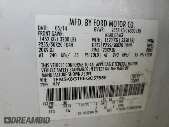 2014 Ford Explorer Sport with VIN 1FM5K8GT9EGC57859, listed as a Copart auction lot 50327755 with 241,925 mi miles and Salvage title. Bid and sale history available at DreamBid. Image 16.