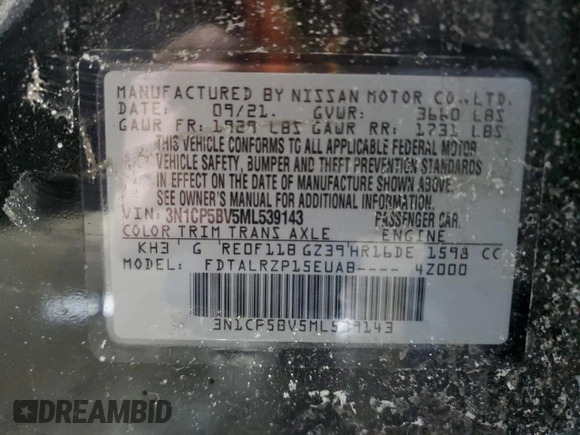 2021 Nissan Kicks S with VIN 3N1CP5BV5ML539143, listed as a Copart auction lot 45693805 with 34,537 mi miles and Salvage title. Bid and sale history available at DreamBid. Image 16.