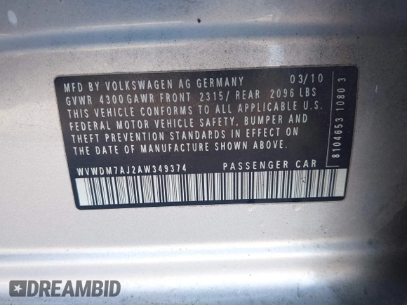 2010 Volkswagen Golf TDI with VIN WVWDM7AJ2AW349374, listed as a IAAI auction lot 42550014 with 224,337 mi miles and . Bid and sale history available at DreamBid. Image 9.