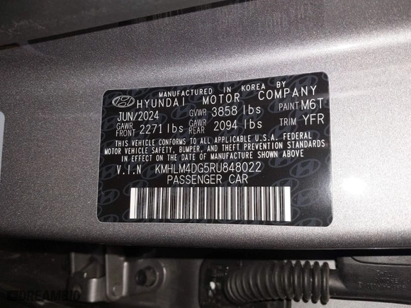 2024 Hyundai Elantra SEL with VIN KMHLM4DG5RU848022, listed as a IAAI auction lot 41600546 with 5,924 mi miles. Bid and sale history available at carsss.com. Image 9.
