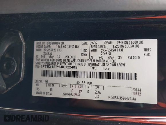2018 Ford F-150 XL with VIN 1FTEX1EP1JKC22405, listed as a IAAI auction lot 42143837 with 111,597 mi miles and . Bid and sale history available at DreamBid. Image 9.