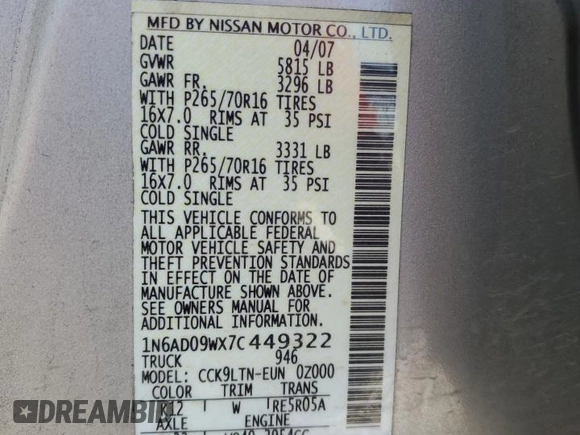 2007 Nissan Frontier SE with VIN 1N6AD09WX7C449322, listed as a Copart auction lot 76840294 with 145,256 mi miles and Salvage Title. Bid and sale history available at carsss.com. Image 14.