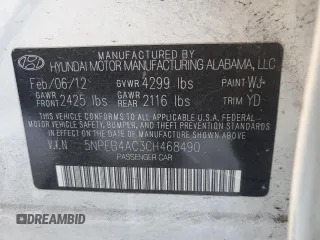 2012 Hyundai Sonata GLS z VIN 5NPEB4AC3CH468490, wystawiony jako Copart lot #41794835 z przebiegiem Nie podano mil oraz Szkoda całkowita • Salvage title. Historia ofert i sprzedaży dostępna na DreamBid. Obrazek 14.