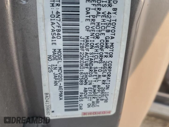 1999 Toyota Camry LE z VIN JT2BF22K0X0167589, wystawiony jako Copart lot #42699015 z przebiegiem 198 634 mil mil oraz Czysty tytuł • Clean title. Historia ofert i sprzedaży dostępna na DreamBid. Obrazek 12.