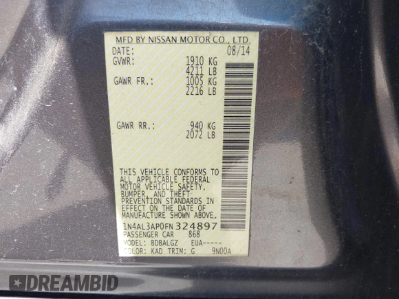 2015 Nissan Altima S with VIN 1N4AL3AP0FN324897, listed as a IAAI auction lot 41983678 with 184,042 mi miles and . Bid and sale history available at DreamBid. Image 9.