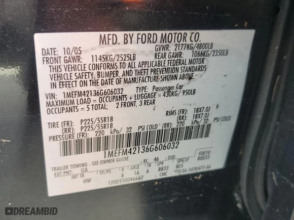 2006 Mercury Montego Premier with VIN 1MEFM42136G606032, listed as a Copart auction lot 77151964 with 0 mi miles and Salvage Title. Bid and sale history available at carsss.com. Image 13.