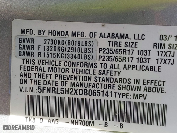 2013 Honda Odyssey LX with VIN 5FNRL5H2XDB065141, listed as a IAAI auction lot 41712328 with 174,020 mi miles. Bid and sale history available at carsss.com. Image 9.
