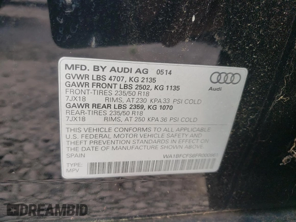 2015 Audi Q3 Premium Plus with VIN WA1BFCFS6FR000861, listed as a Copart auction lot 55849265 with 84,270 mi miles and Clean title. Bid and sale history available at DreamBid. Image 14.