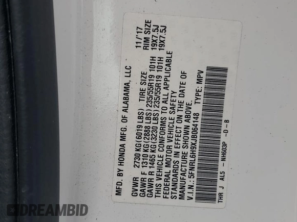 2018 Honda Odyssey Elite z VIN 5FNRL6H9XJB064148, wystawiony jako Copart lot #56214025 z przebiegiem 117 627 mil mil oraz Szkoda całkowita • Salvage title. Historia ofert i sprzedaży dostępna na DreamBid. Obrazek 13.