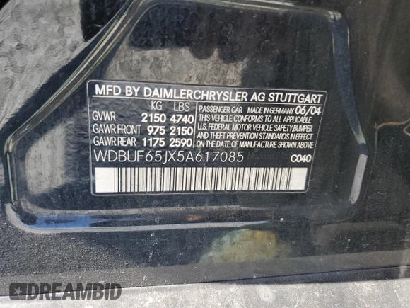 2005 Mercedes-Benz E-Class 3.2L with VIN WDBUF65JX5A617085, listed as a Copart auction lot 46525065 with 147,874 mi miles and Salvage Title. Bid and sale history available at carsss.com. Image 12.
