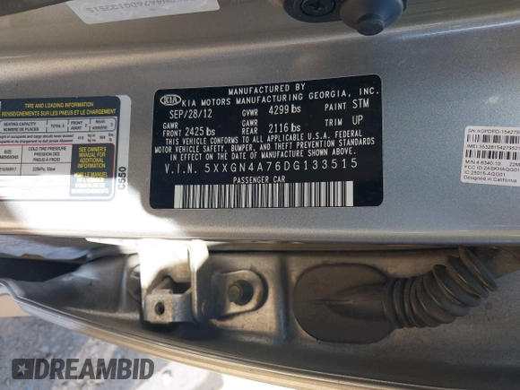 2013 Kia Optima EX with VIN 5XXGN4A76DG133515, listed as a IAAI auction lot 41757610 with 144,569 mi miles and . Bid and sale history available at carsss.com. Image 9.