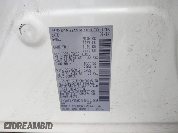 2017 Nissan Rogue S with VIN 5N1AT2MT5HC891159, listed as a IAAI auction lot 42368472 with 174,205 mi miles and . Bid and sale history available at DreamBid. Image 9.