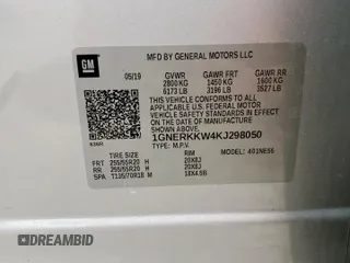 2019 Chevrolet Traverse Premier with VIN 1GNERKKW4KJ298050, listed as a Copart auction lot 57559355 with 54,521 mi miles and Salvage title. Bid and sale history available at DreamBid. Image 14.