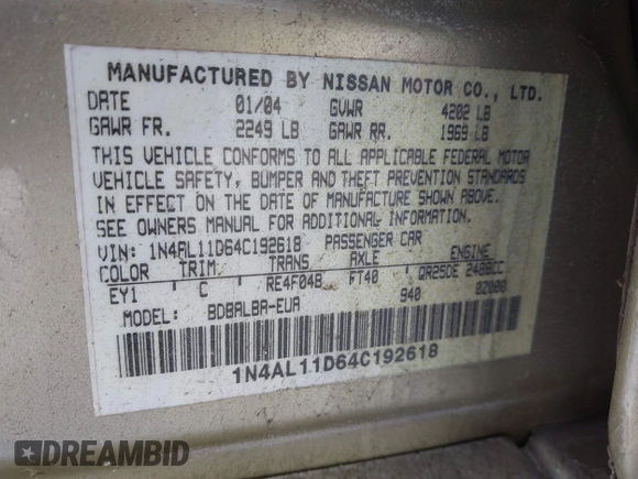2004 Nissan Altima with VIN 1N4AL11D64C192618, listed as a IAAI auction lot 41387291 with 190,008 mi miles and . Bid and sale history available at DreamBid. Image 9.