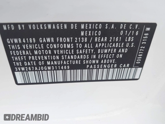 2016 Volkswagen Jetta Sedan 1.4T S w/Technology with VIN 3VW267AJ0GM311469, listed as a IAAI auction lot 41914668 with 83,223 mi miles. Bid and sale history available at carsss.com. Image 9.