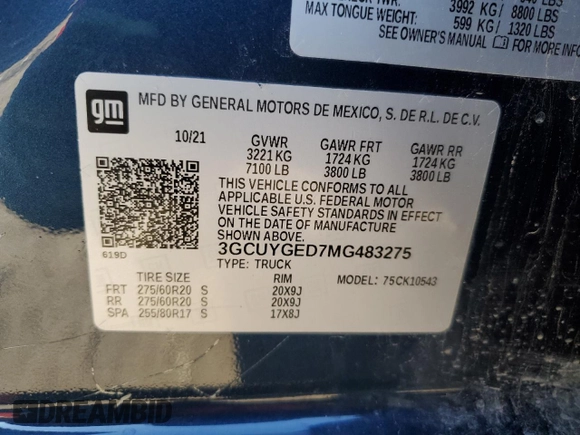 2021 Chevrolet Silverado 1500 LTZ with VIN 3GCUYGED7MG483275, listed as a Copart auction lot 46589195 with 40,741 mi miles and Clean Title. Bid and sale history available at DreamBid. Image 12.