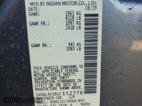 2020 Nissan Altima 2.5 SR with VIN 1N4BL4CV8LC152776, listed as a Copart auction lot 47453185 with 131,568 mi miles and Salvage Title. Bid and sale history available at carsss.com. Image 12.