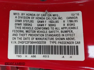 2017 Honda Civic LX with VIN 2HGFC2F56HH502259, listed as a IAAI auction lot 42057109 with 93,857 mi miles and . Bid and sale history available at DreamBid. Image 9.