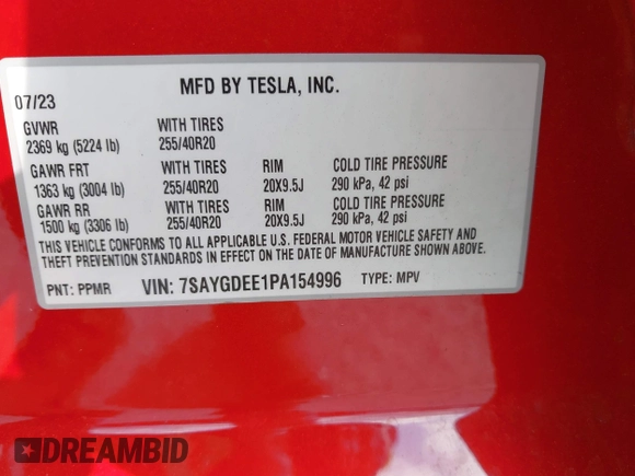 2023 Tesla Model Y Long Range with VIN 7SAYGDEE1PA154996, listed as a IAAI auction lot 41472595 with 24,861 mi miles and . Bid and sale history available at DreamBid. Image 9.