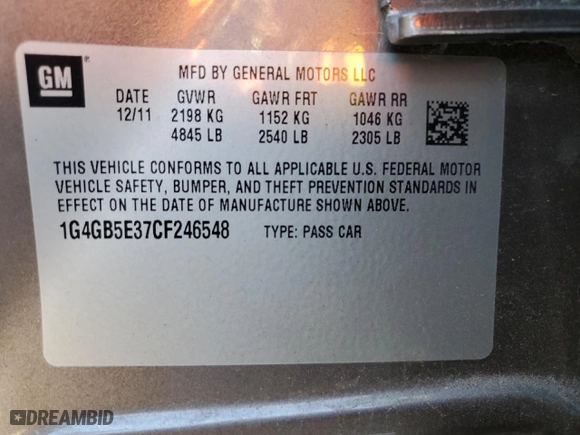 2012 Buick LaCrosse Convenience with VIN 1G4GB5E37CF246548, listed as a Copart auction lot 80082134 with 119,744 mi miles and Salvage Title. Bid and sale history available at carsss.com. Image 12.
